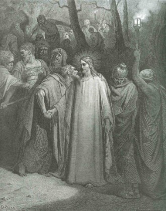 Judas betraying Jesus with a kiss