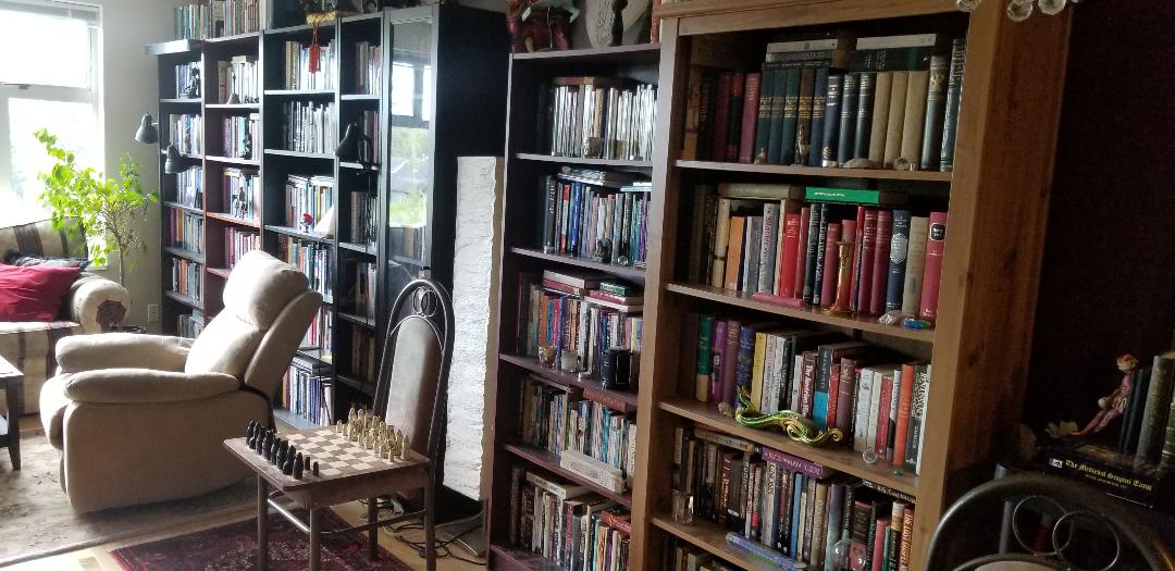 A wall of bookshelves in the author's home library