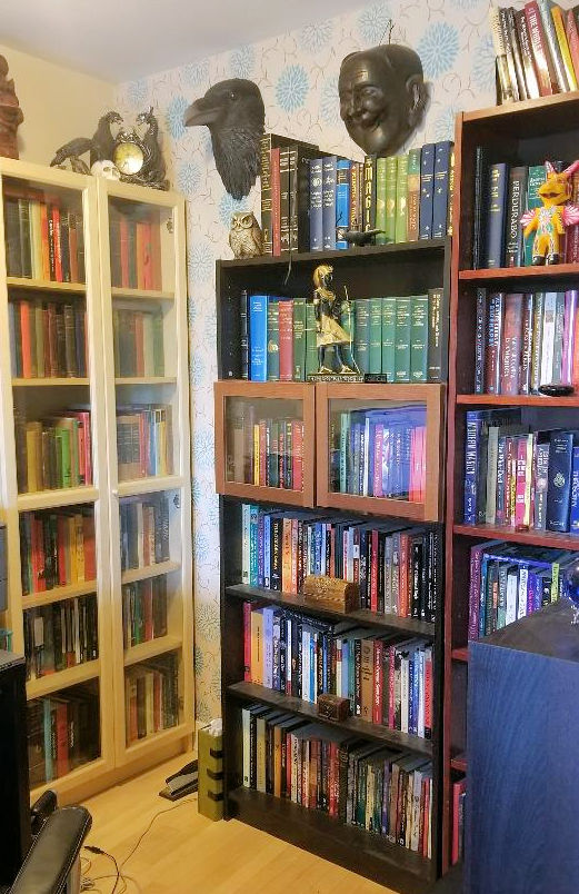 Tall bookcase in the author's library, topped with masks and curios