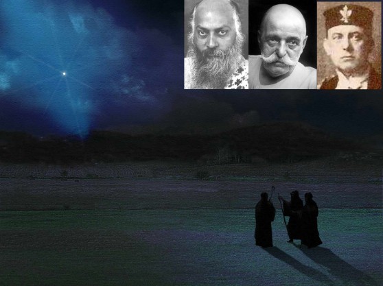 Three figures beneath a bright star in a night sky, with portraits of Osho, Gurdjieff and Crowley