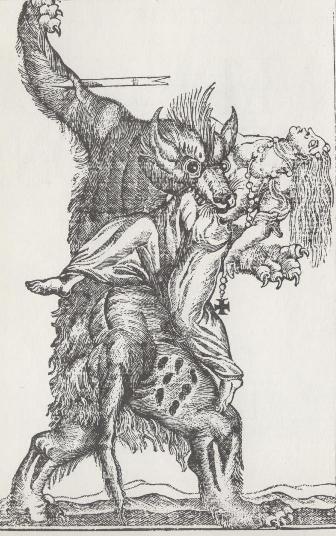 Old woodcut of a werewolf attack